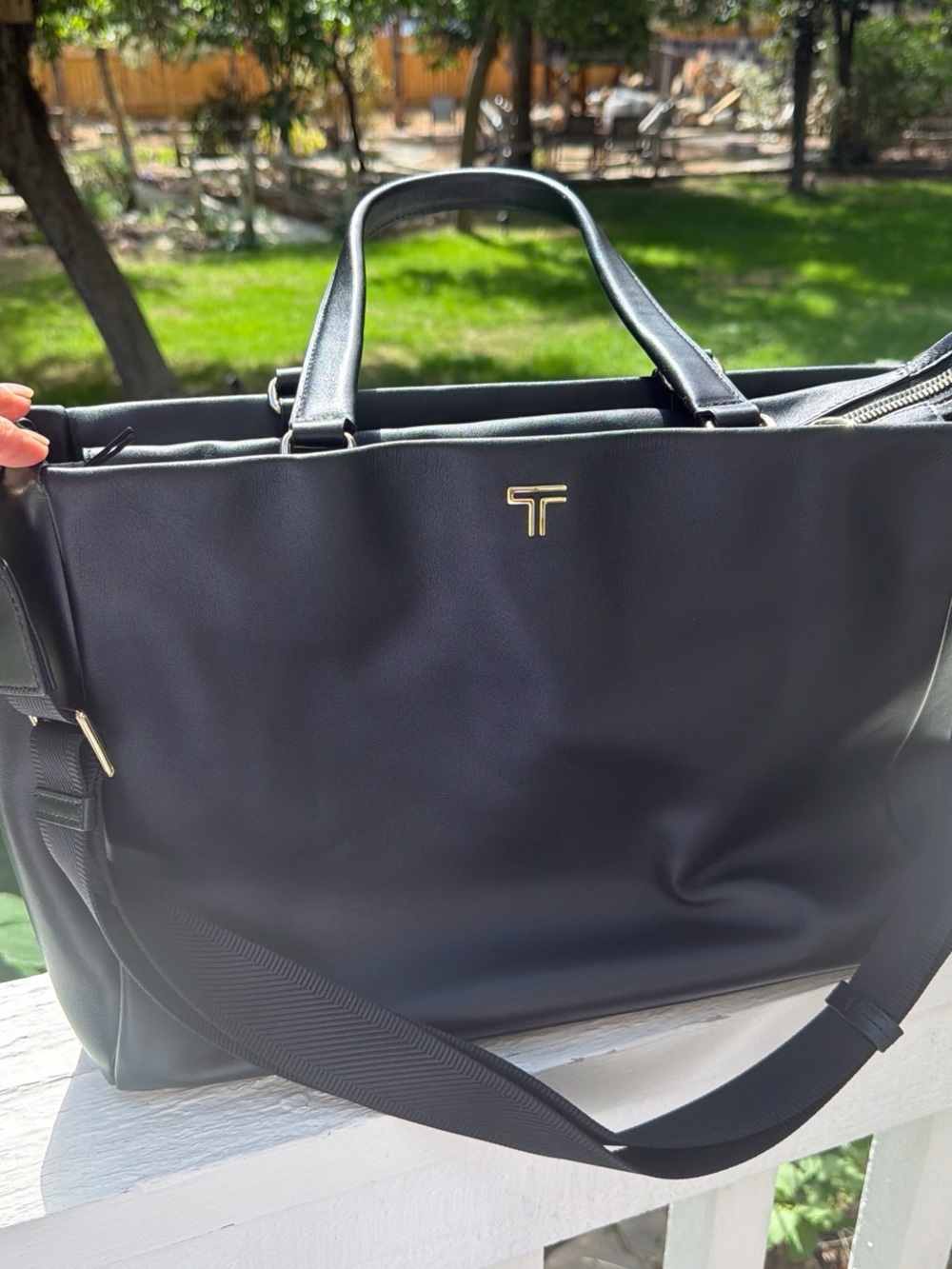 Tumi Black Leather Laptop Tote with Gold Logo